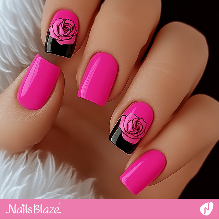 Short Hot Pink Nails with Roses | Hot Pink Nail Design- NB7609