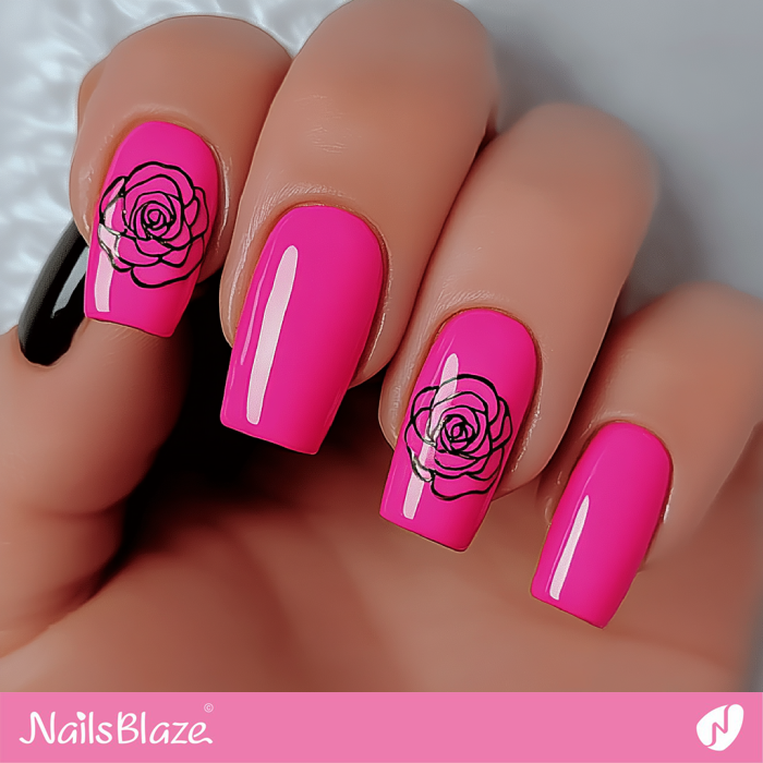 Hot Pink Nails with Rose Outline | Hot Pink Nails Design- NB7619