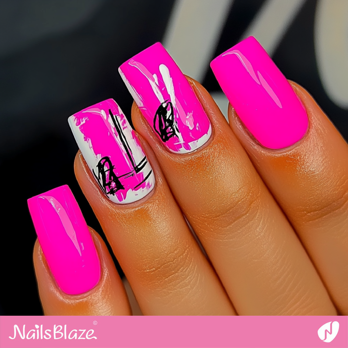 Hot Pink Nails with Graffiti Design | Hot Pink Nail Art- NB7622