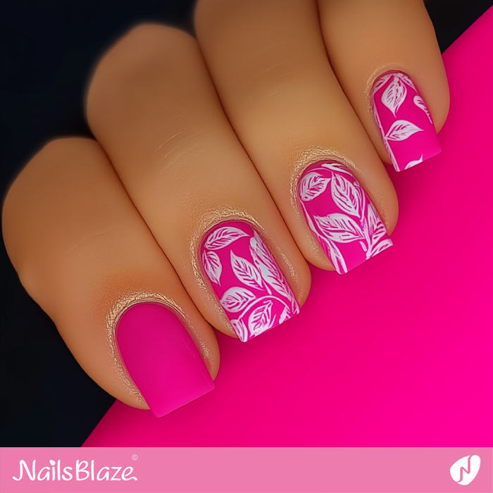 Short Hot Pink Nails with Leaf Pattern | Hot Pink Nail Design- NB7611