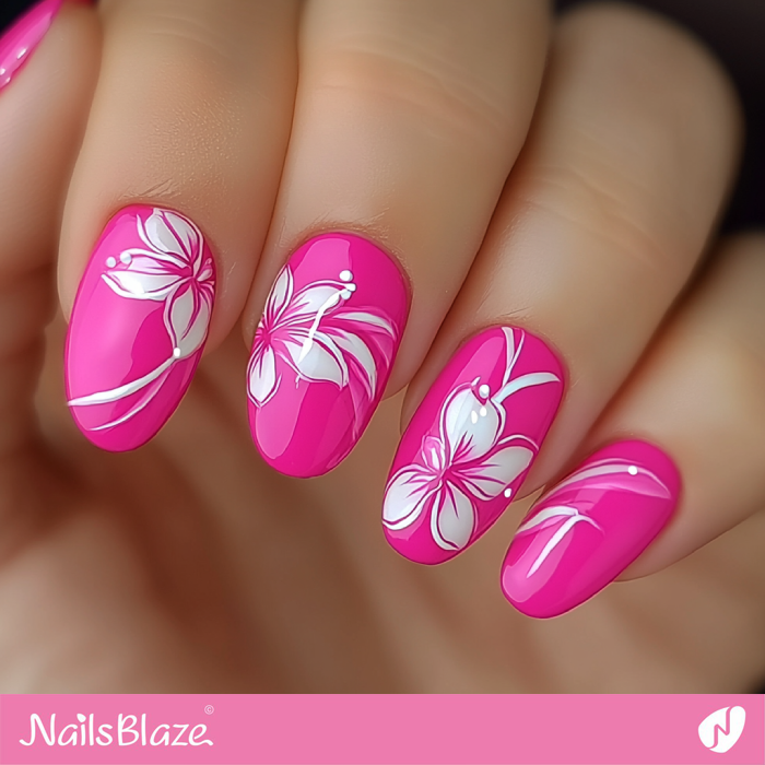 Glossy Hot Pink Nails Floral Design | Hot Pink Nails- NB7613