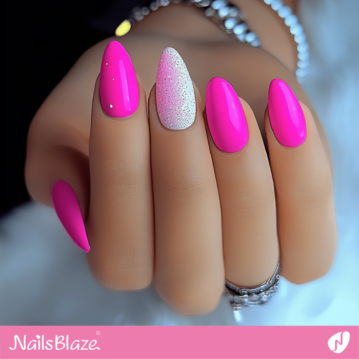 Hot Pink Nails with White Glitter Accent | Hot Pink Nails- NB7617