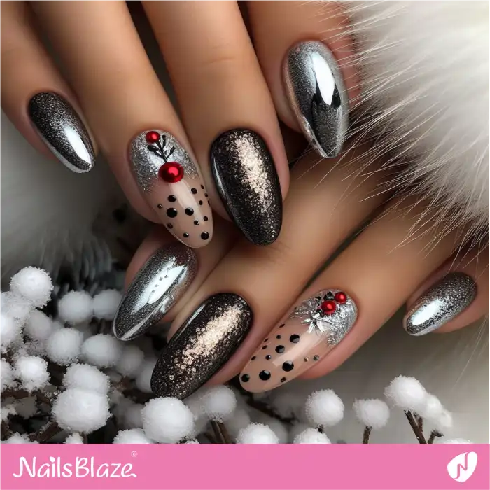 Silver Christmas Nails with Polka Dot Tips | Dot Nails - NB4495