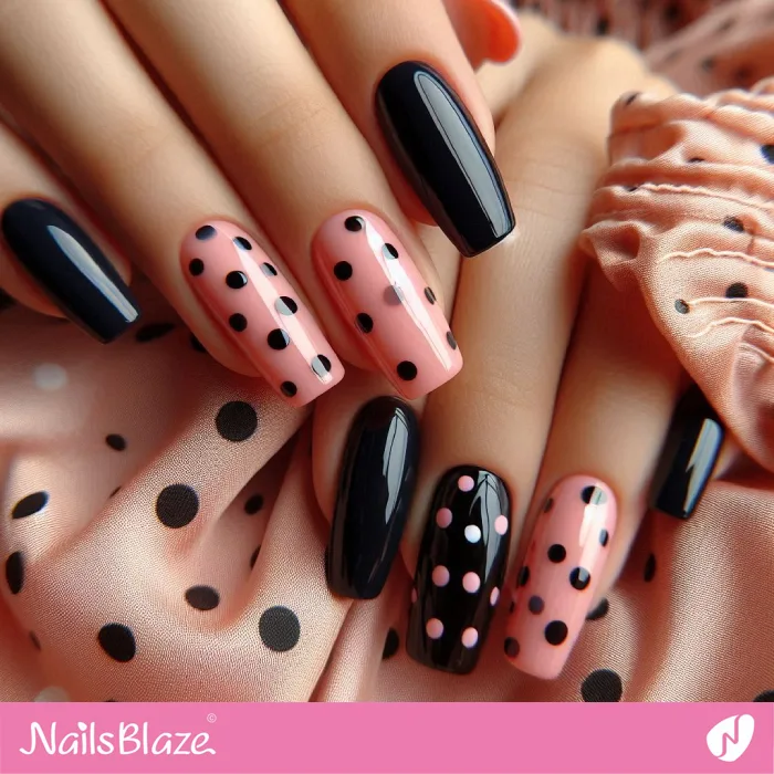 Glossy Black and Pink Polka Dot Nails | Dot Nails - NB4437