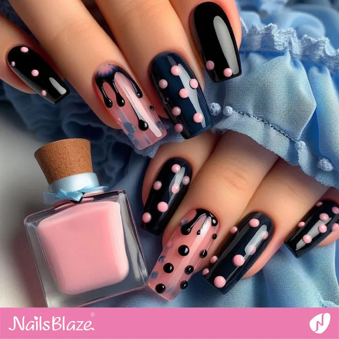 Black and Pink Polka Dot Nails with Drips | Dot Nails - NB4440