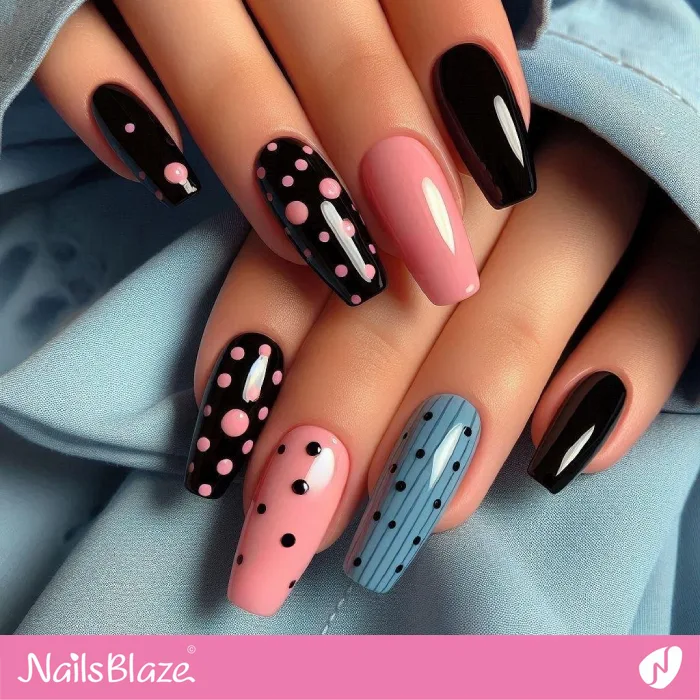 Long Pink and Black Glossy Nails | Dot Nails - NB4441