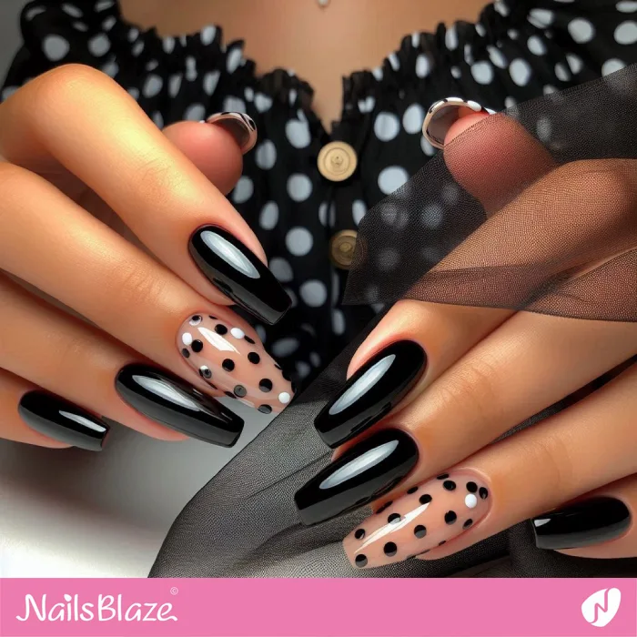 Black Nails with Polka Dots Accent | Dot Nails - NB4448