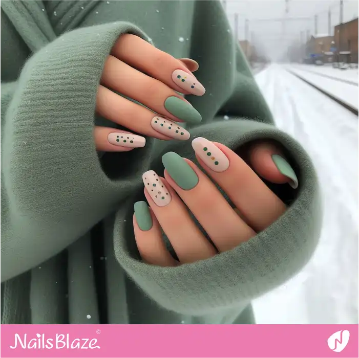 Matte Green and Pink Nails with Dots | Dot Nails - NB4466