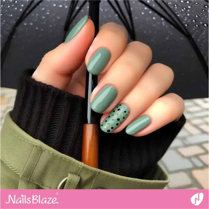 Short Nails with Black and Green Polka Dots | Dot Nails - NB4457