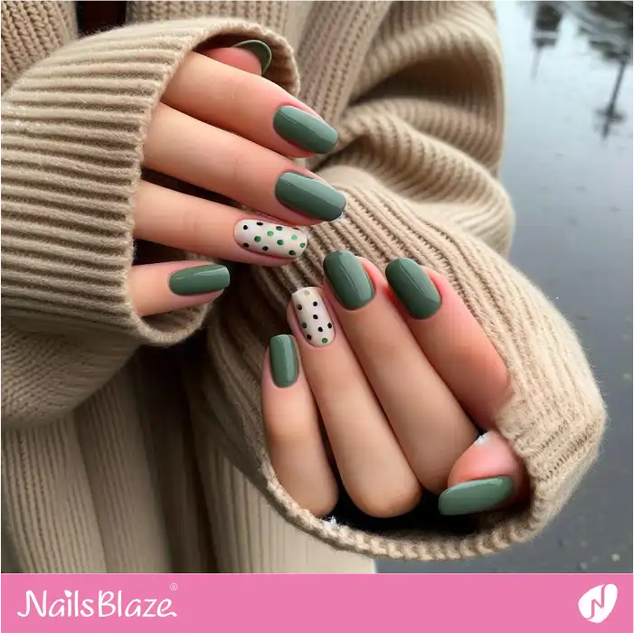 Green Polka Dots Accent on Short Nails | Dot Nails - NB4460