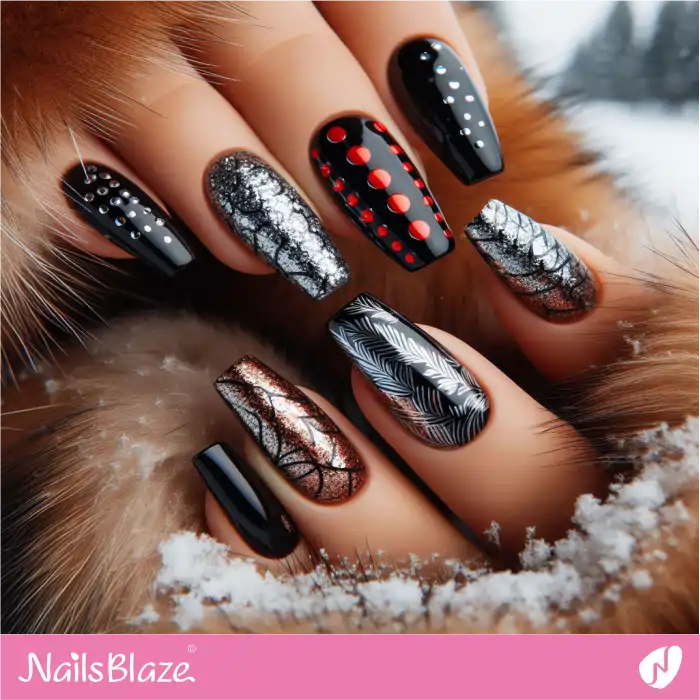 Foil Design Black Nails with Dots | Dot Nails - NB4481
