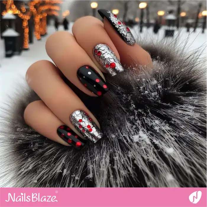 Black and Silver Nails with Red Polka Dots | Dot Nails - NB4489