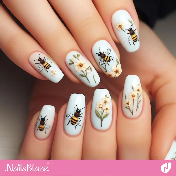 Light Blue Nails with Bees and Flowers | Pollinators Nails - NB3056