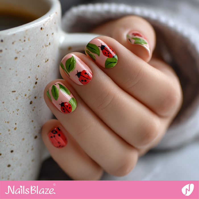 Ladybug and Leaf Design for Short Pink Nails | Ladybug Nails- NB8267