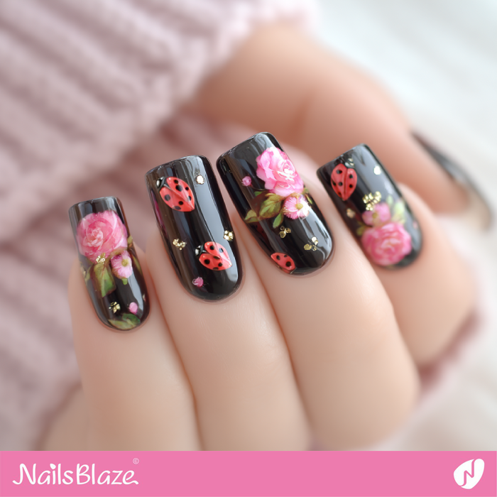 Black Nails with Ladybugs and Roses | Ladybug Nails- NB8272