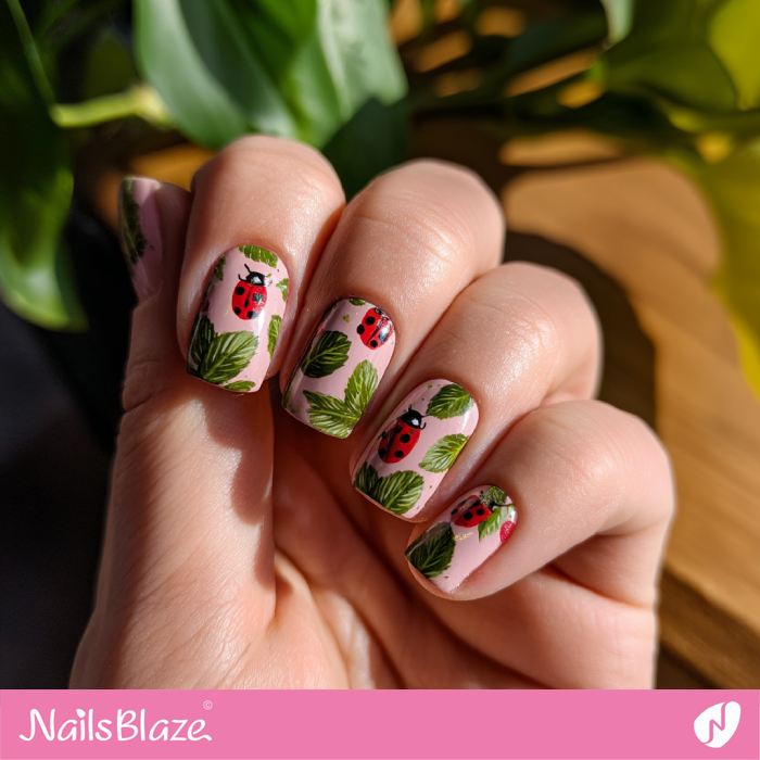 Ladybugs and Leaves for Pink Nails Design | Ladybug Nails- NB8273