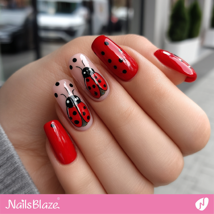 Glossy Red Nails with Ladybug Accents | Ladybug Nails- NB8274