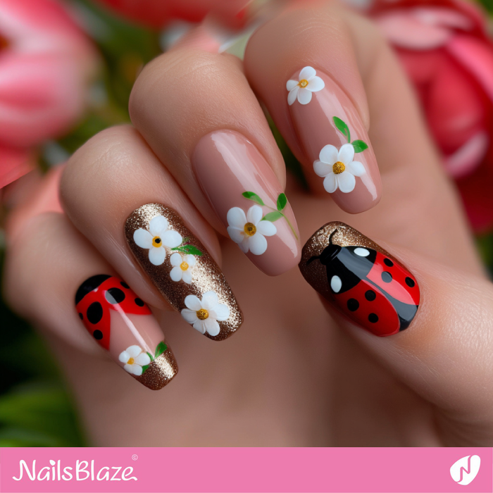 White Flower Nails with Ladybugs | Ladybug Nails- NB8275