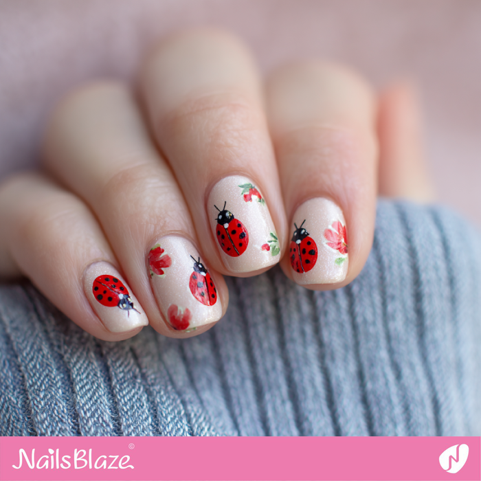 Short Nude Nails with Red Ladybugs | Ladybug Nails- NB8350