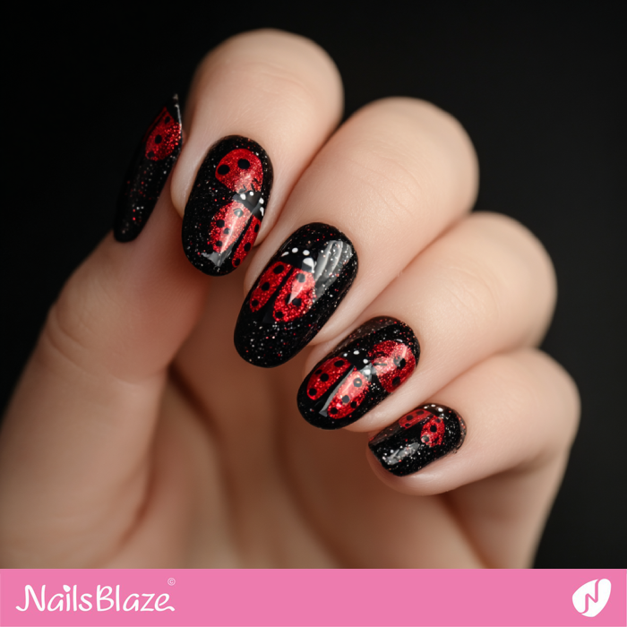 Shimmer Ladybugs Design for Black Nails | Ladybug Nails- NB8258