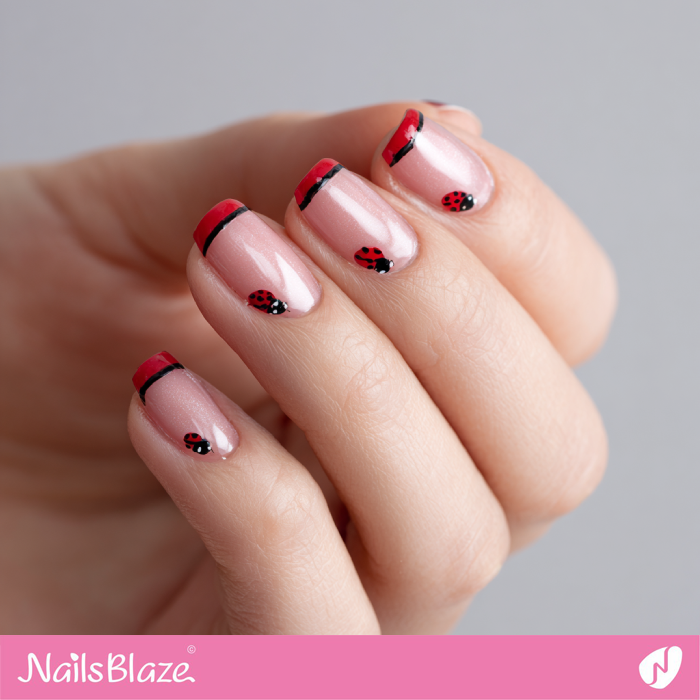 Red Tip Nails with Ladybug Design | Ladybug Nails- NB8353