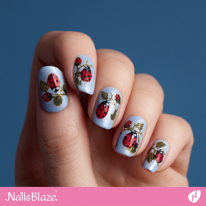 Blue Nails with Ladybug on Leaf | Ladybug Nails- NB8356