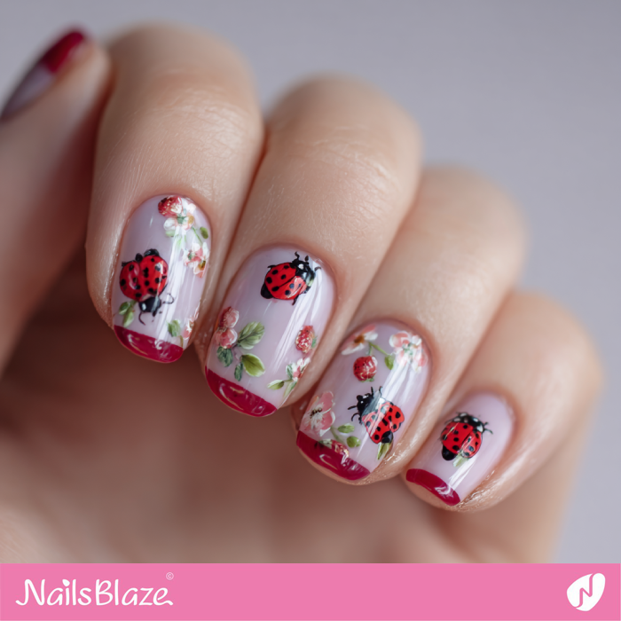 Ladybug in Garden for Glossy French Mani Design | Ladybug Nails- NB8357