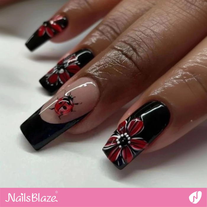 3D Ladybug Design for Black Nails | Ladybug Nails- NB8264