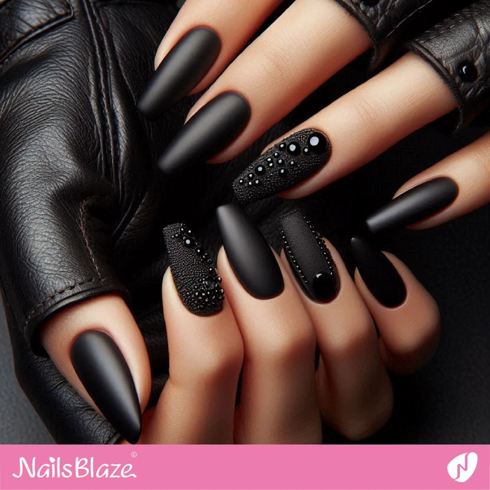 Dark Nails with Black Rhinestones | Embellished Nails - NB4916