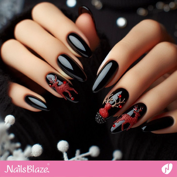 Black Christmas Nails Rhinestone Design | Embellished Nails - NB4926