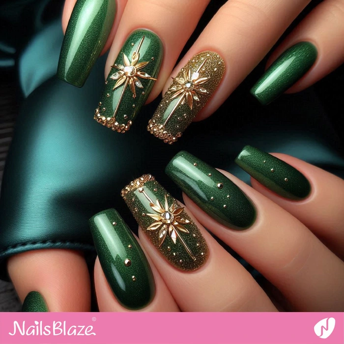 Luxury Green Nails Rhinestone Design | Embellished Nails - NB4927