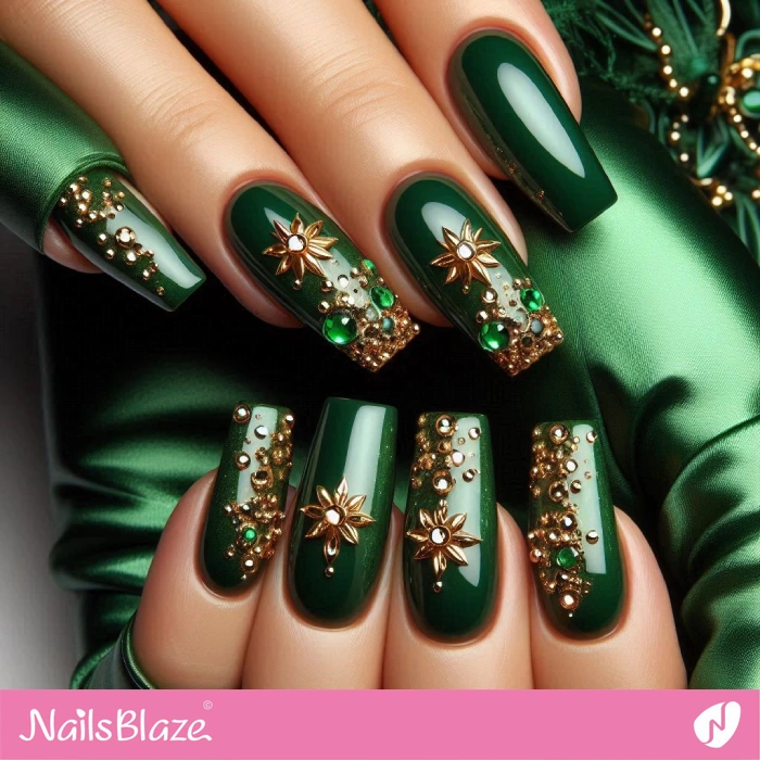 Green Nails Gold Rhinestone Design | Embellished Nails - NB4930