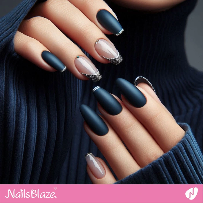 Rhinestone Design for Luxury Matte Blue Nails | Embellished Nails - NB4933