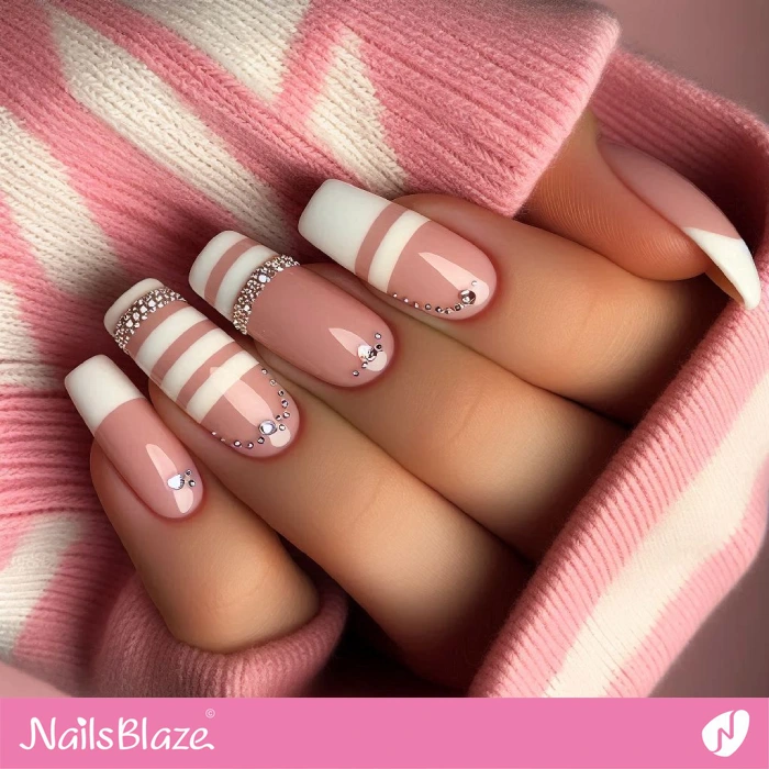 Striped Pink Nails Rhinestone Design | Embellished Nails - NB4934