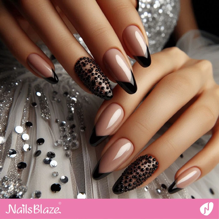 Chevron Tips and Black Rhinestones | Embellished Nails - NB4938