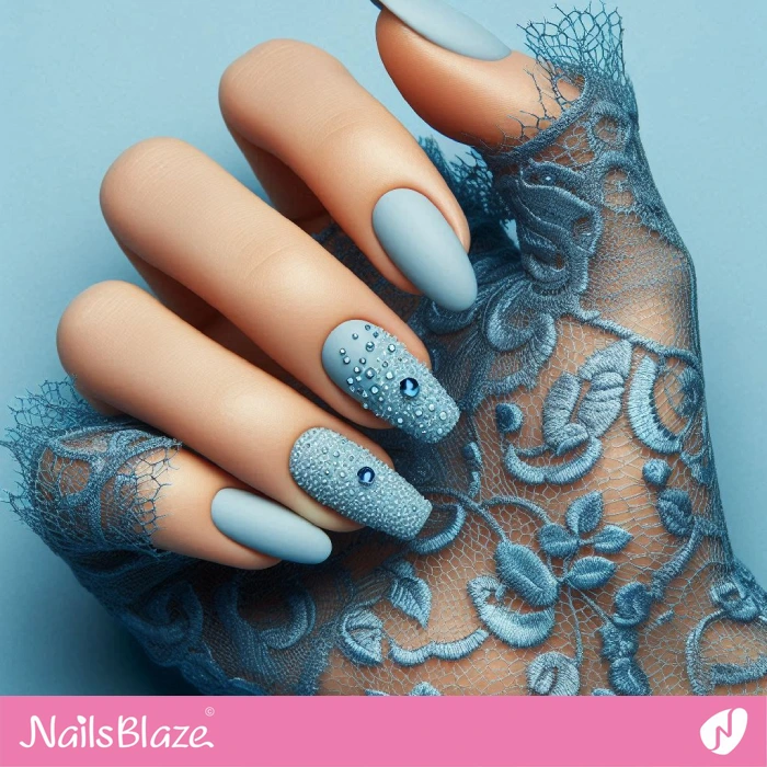 Light Blue Nails with Rhinestones | Embellished Nails - NB4944