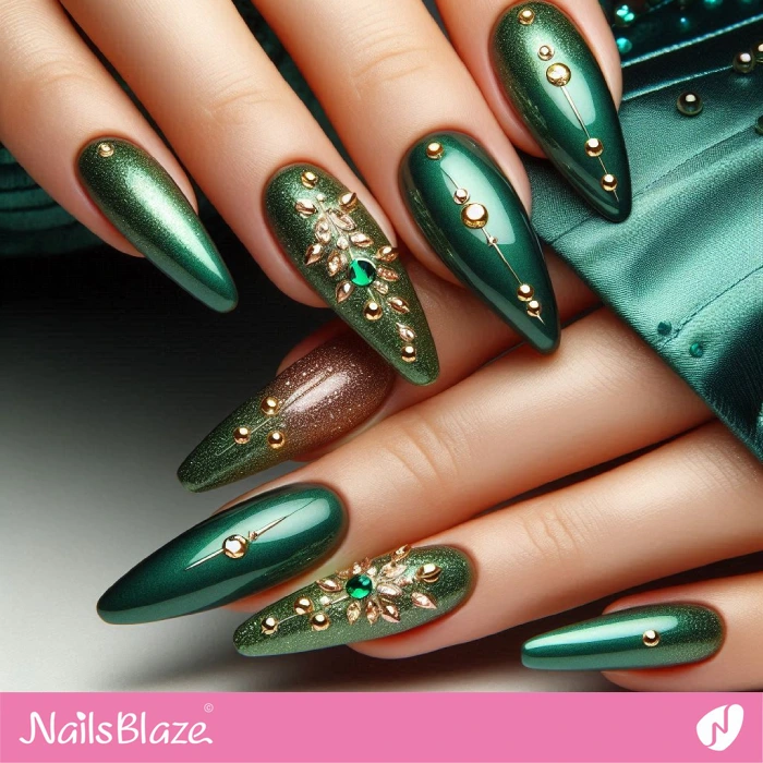 Green Nails Rhinestone Design | Embellished Nails - NB4918