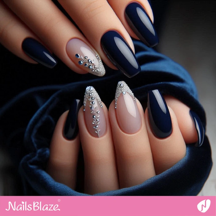 Dark Blue Nails Rhinestone Design | Embellished Nails - NB4945