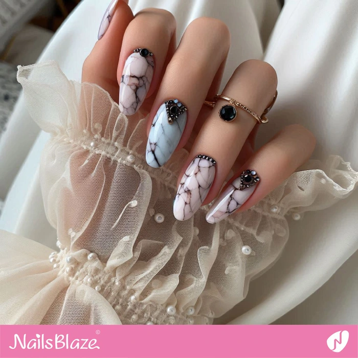 Pastel Marble Nails with Black Rhinestones | Embellished Nails - NB4946