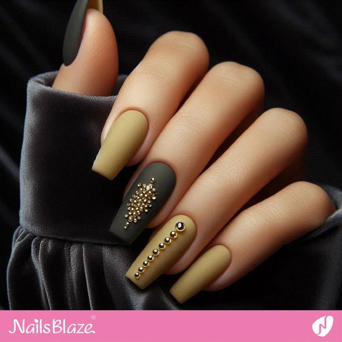 Matte Green and Yellow Nails with Rhinestone | Embellished Nails - NB4952