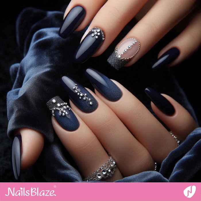 Elegant Blue Nails Rhinestone Design | Embellished Nails - NB4954