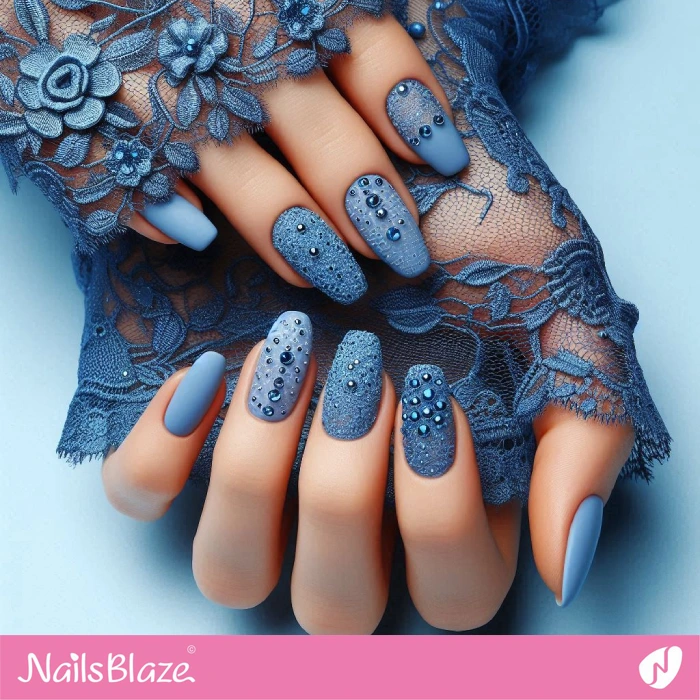 Rhinestone Design for Matte Blue Nails | Embellished Nails - NB4956