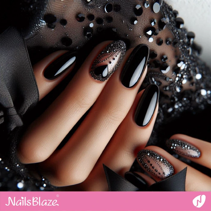 Chic Black Nails with Rhinestones for Valentine | Embellished Nails - NB4958