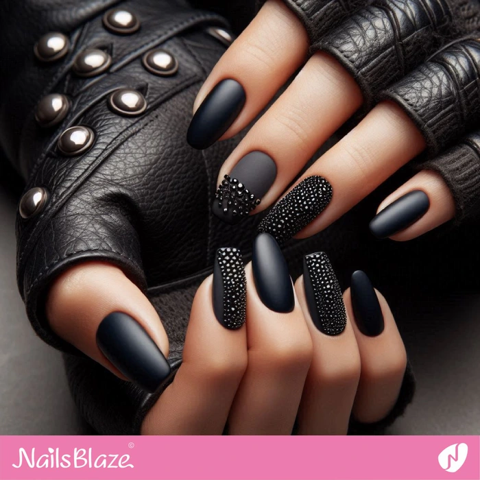 Easy Dark Nails Design with Rhinestones | Embellished Nails - NB4959