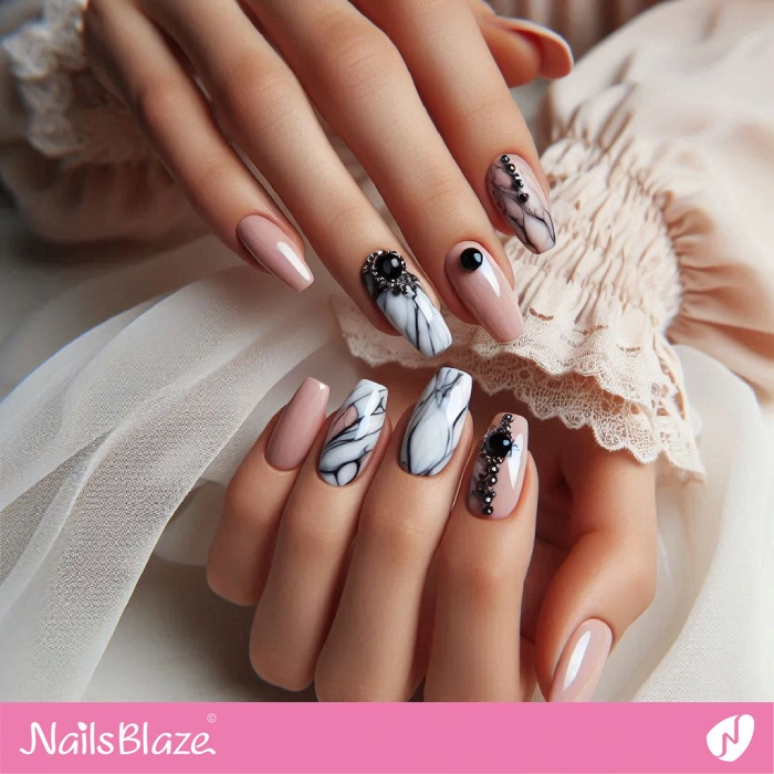 Marble Nails Design with Rhinestones | Embellished Nails - NB4960