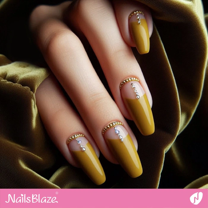 Mustard Yellow Nails Rhinestone Design | Embellished Nails - NB4922