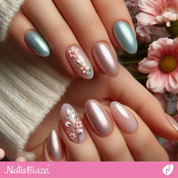Green and Pink Shimmer Nails for Spring | Shimmer Nails - NB4156