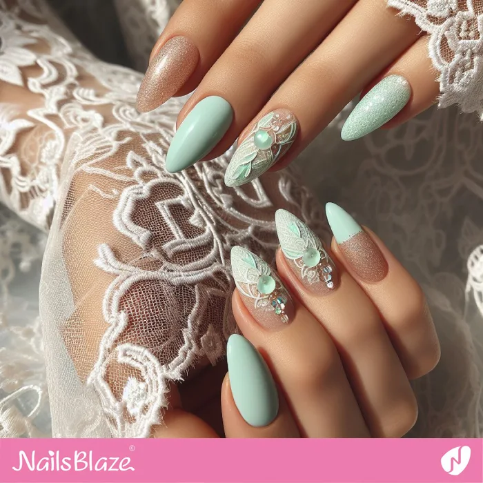 Embellished Mint Green Nail Design | Shimmer Nails - NB4158