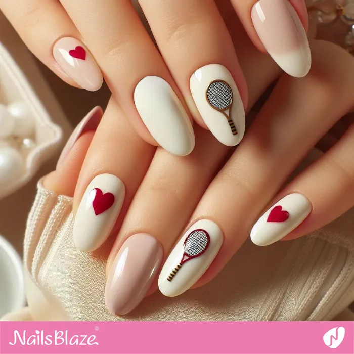 Nude Nails with Hearts and Tennis Racket Design | Sports Nails - NB3311