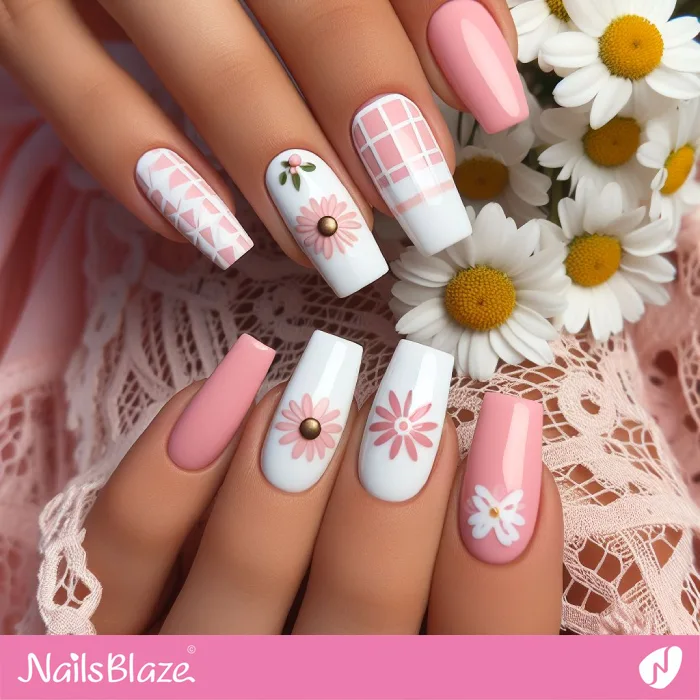 Pink and White Daisy Flower Nails | Spring Nails - NB3824